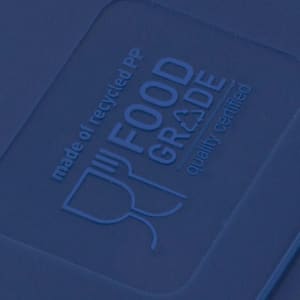 A blue foldable cup featuring a logo and text about its food grade, recycled PP material.