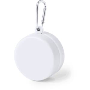 A foldable white cup featuring a carabiner for attachment. Includes a minimalistic design.
