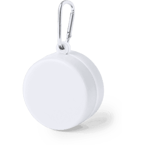A foldable cup in white, featuring a carabiner clip for easy attachment. It has a smooth, rounded design.