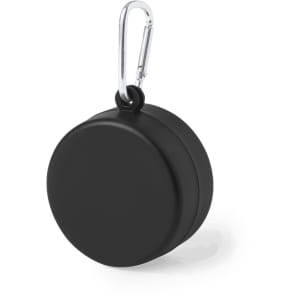 A foldable black cup with a silver carabiner for attachment. Features a sleek, round design.