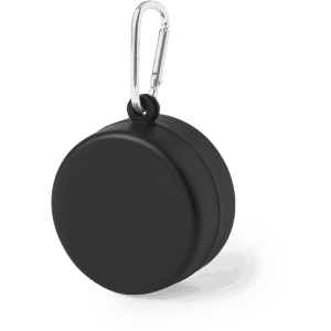 A foldable black cup with a carabiner clip attached for easy transport. It has a smooth finish and a round shape.