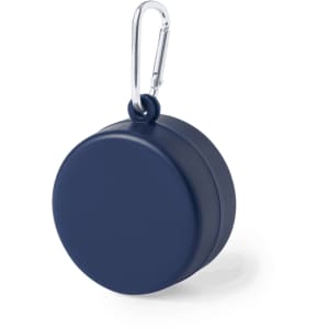 A foldable cup in navy blue, featuring a silver carabiner for easy attachment, with a smooth, rounded design.
