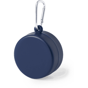 A foldable cup in navy blue with a metal carabiner for easy attachment. It has a simple, rounded design.