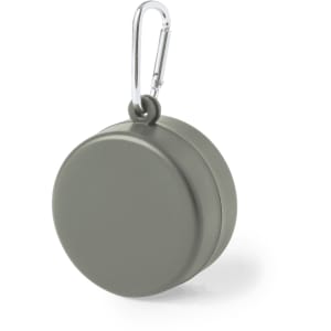 A foldable cup in olive green with a silver carabiner clip for easy attachment.