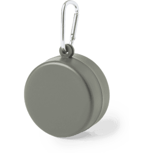 A foldable cup in grey with a carabiner attachment for easy carrying, featuring a simple logo.