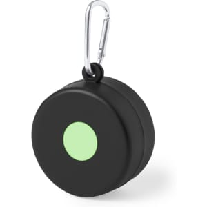 A foldable cup in black with a green dot, featuring a carabiner for easy attachment.