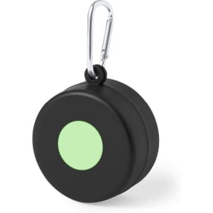 A foldable cup in black with a circular green accent, featuring a metal carabiner clip for attachment.
