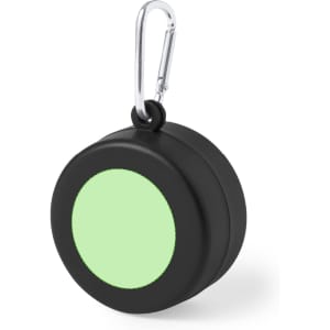A foldable cup in black, featuring a light green circular area, with a carabiner attachment. It has a logo.