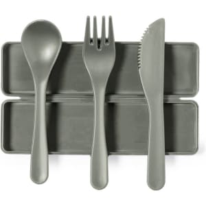 A grey cutlery set featuring a spoon, fork, and knife, contained within a matching case.
