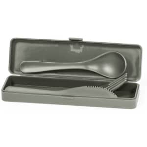 A grey cutlery set in a case, featuring a spoon, fork, and knife arranged inside.