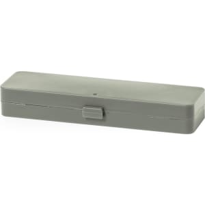 A grey cutlery case featuring a lid with a clasp for secure storage. Suitable for various cutlery items.