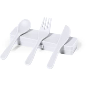 A white cutlery set featuring a spoon, fork, and knife, stored in a compact case. The set includes a branding logo.