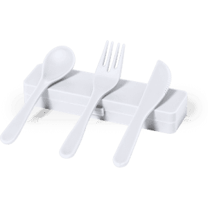 A white cutlery set featuring a spoon, fork, and knife, contained in a matching case with a logo.