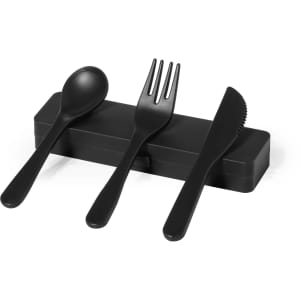 A black cutlery set featuring a spoon, fork, and knife stored in a matching case.