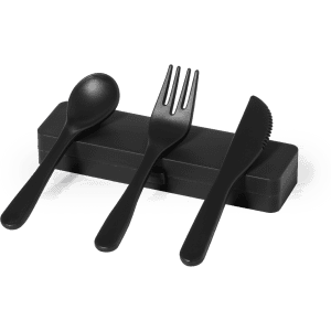 A black cutlery set consisting of a spoon, fork, and knife, neatly stored in a matching case.