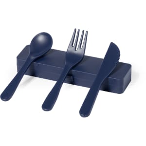 A navy blue cutlery set featuring a spoon, fork, and knife, neatly stored in a matching case.
