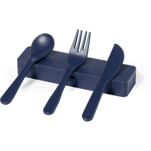 A navy blue cutlery set including a spoon, fork, and knife, housed in a matching case.