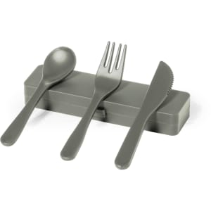A grey cutlery set including a spoon, fork, knife, and a matching case.