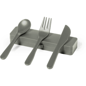 A grey cutlery set including a spoon, fork, and knife, housed in a matching case.