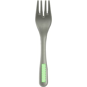 A green-handled fork in a sleek metallic finish, featuring a simple logo on the handle.