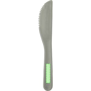 A cutlery knife in a light grey colour with a serrated edge and a green accent on the handle.