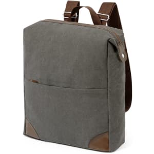 A grey backpack with brown accents, featuring a front pocket and adjustable straps, alongside a top handle.