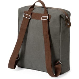 A grey backpack with brown straps and a simple design. It features a logo on the front.