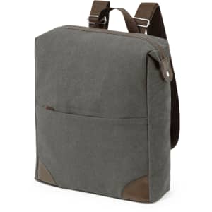 A grey backpack with brown accents and a front pocket. Equipped with adjustable straps and a subtle logo.