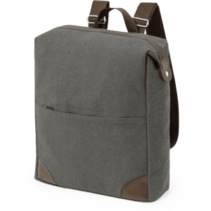 A grey Grant Backpack with brown accents, featuring a front pocket and adjustable straps.