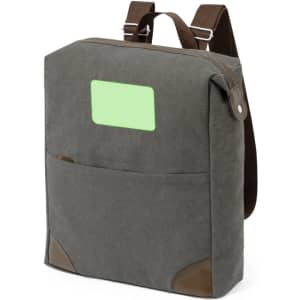 A grey backpack with brown accents and a front pocket. It features a logo on one side.