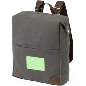 A grey backpack with a front pocket and brown accents, featuring a logo on the side.