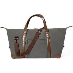 A grey bag with brown leather straps and accents, featuring a zippered pocket and an adjustable shoulder strap.