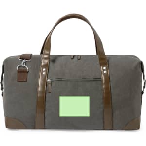A grey bag with brown leather straps and accents, featuring a front pocket and a logo.
