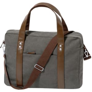 A grey laptop bag featuring brown handles and a detachable strap, with a front pocket and branding.