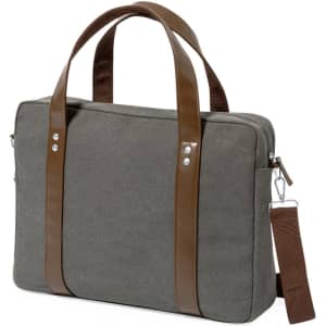 A grey document bag with brown handles and a brown adjustable strap, featuring a logo on the front.