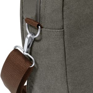 A laptop bag in earthy tones featuring a zip closure and a detachable brown strap with metal clips.