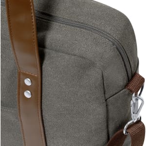 A grey document bag with a textured fabric, featuring a brown shoulder strap and silver hardware.