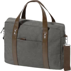 A grey laptop bag with brown handles and a detachable shoulder strap, featuring a front pocket and silver hardware.
