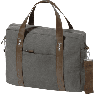 A grey document bag with brown straps and a front pocket, featuring a logo. Suitable for laptops.