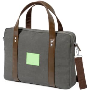 A grey laptop bag with brown straps and a blank area for branding. Features both handles and a detachable shoulder strap.