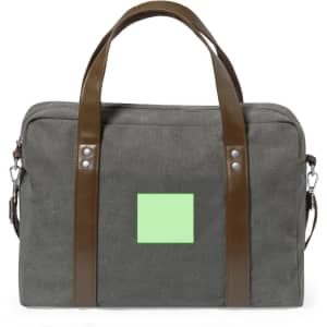 A grey document bag with brown straps and a patch for branding or decoration. Features dual carry handles and a shoulder strap.