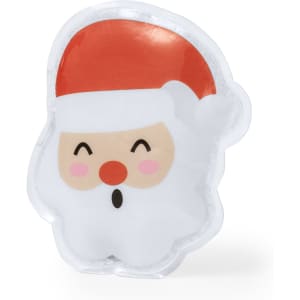 A Santa Claus-shaped heat pack featuring a smiling face, white beard, and red hat, with a clear outer casing.