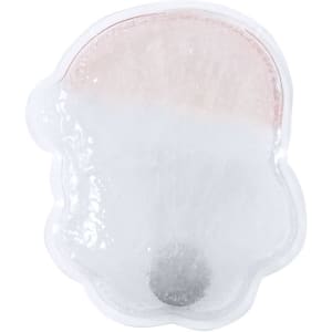 A heat pack in a bear-shaped design, featuring a transparent gel with pink and white sections. It has a branding logo.