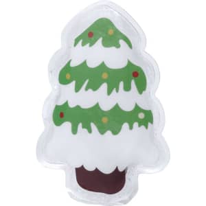 A Christmas tree-shaped heat pack in green, white, and brown, featuring decorations on the tree.