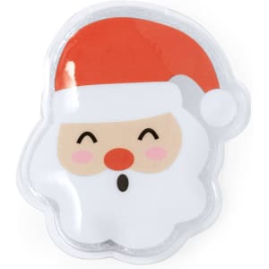 A festive heat pack shaped like a smiling Santa Claus, featuring red, white, and pink colours with a transparent border.