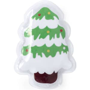 A Christmas tree-shaped heat pack with green and white detailing, featuring festive decorations. It has a branding logo.