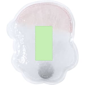 A clear gel heat pack in a playful shape, featuring pink and transparent sections, with a circular metal disc inside.