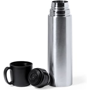 A drink bottle made of stainless steel, featuring a black cup and a black screw-on lid. It includes a logo.