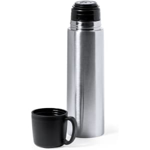 A drink bottle with a stainless steel finish and a black cup, featuring a lid and a logo.