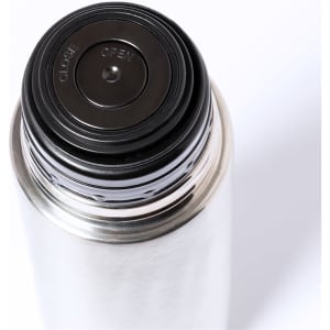 A drink bottle with a stainless steel body and a black lid featuring a twist-open mechanism.
